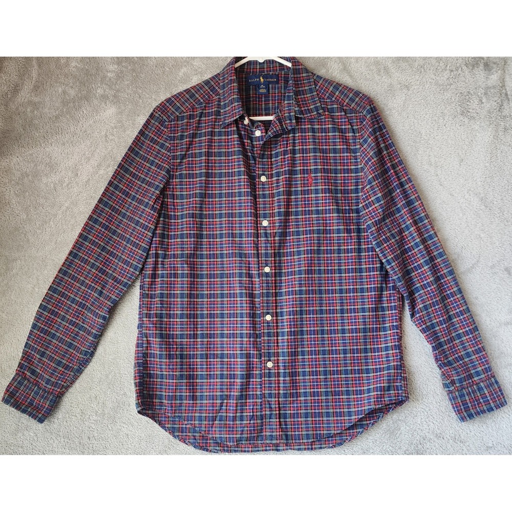 Ralph Lauren Shirt Boys XL 18-20 Navy Blue Red Plaid Button Down Long Sleeve